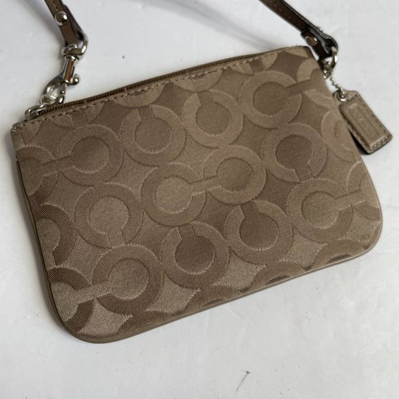Coach Logo Canvas Wristlet 6"x4" Clutch Bag Wallet Coin Purse Taupe Brown Small - Picture 2 of 11